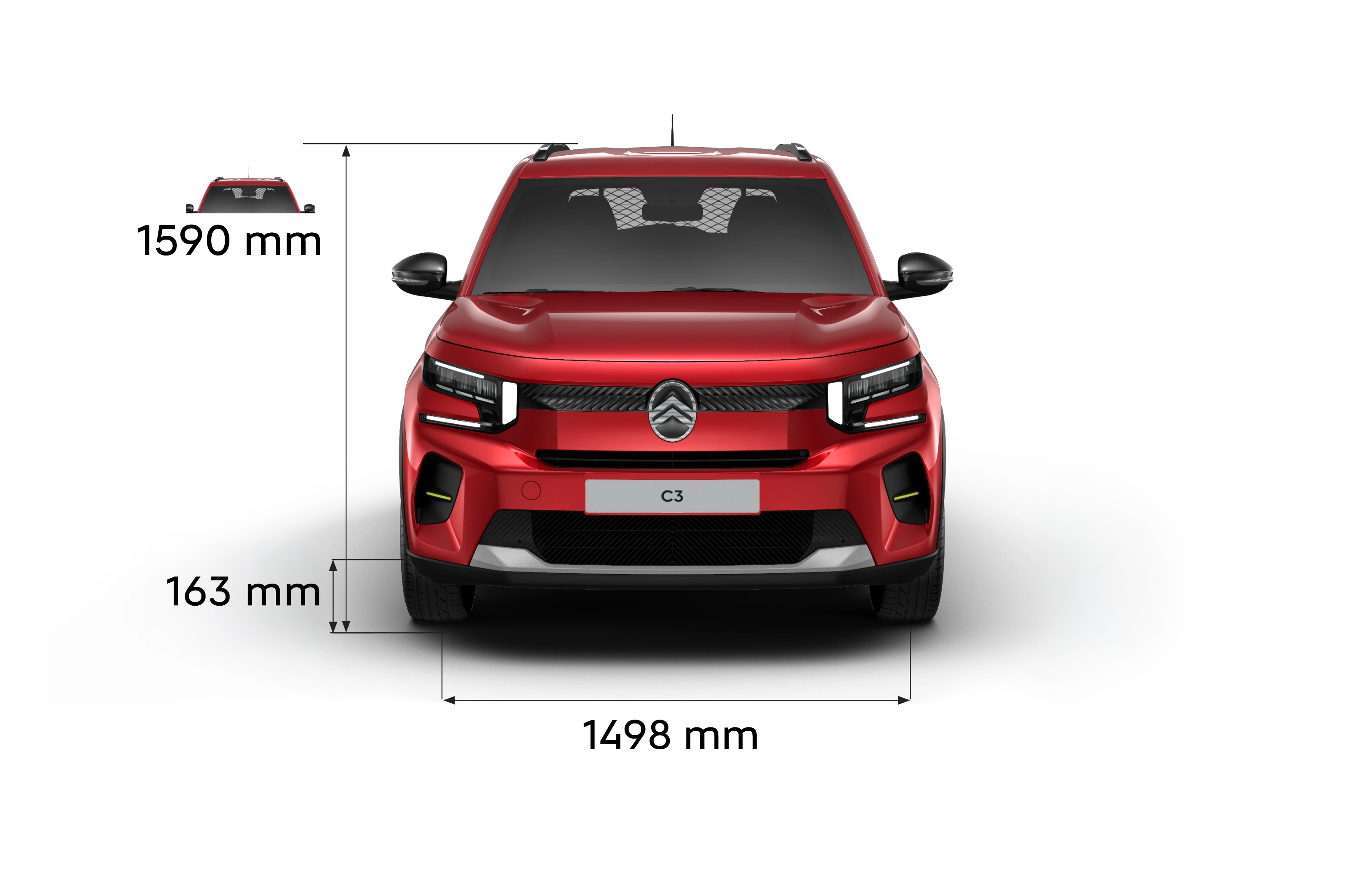 Vue de face de la Citroën ë-C3 Van avec les cotes, mettant en avant la hauteur, la largeur et la garde au sol du véhicule.