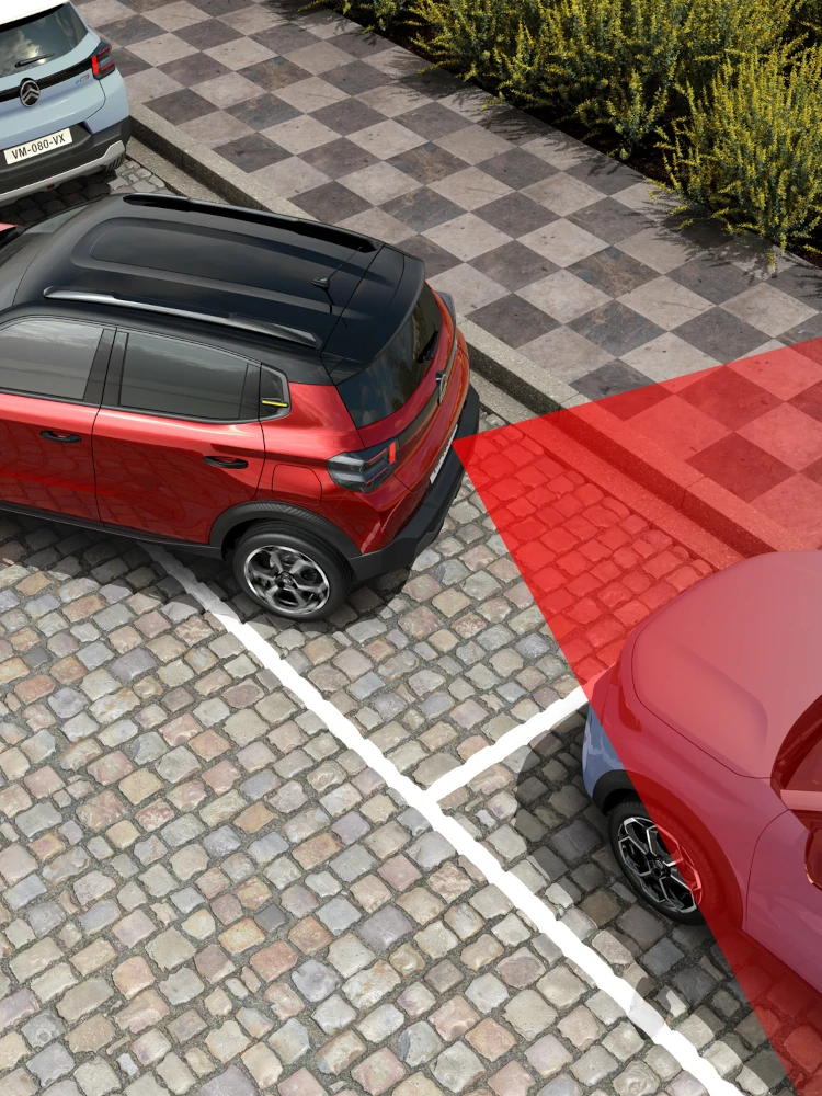 Vue dessus de Citroën ë-C3, montrant les capteurs de stationnement arrière pour des manœuvress plus sûres