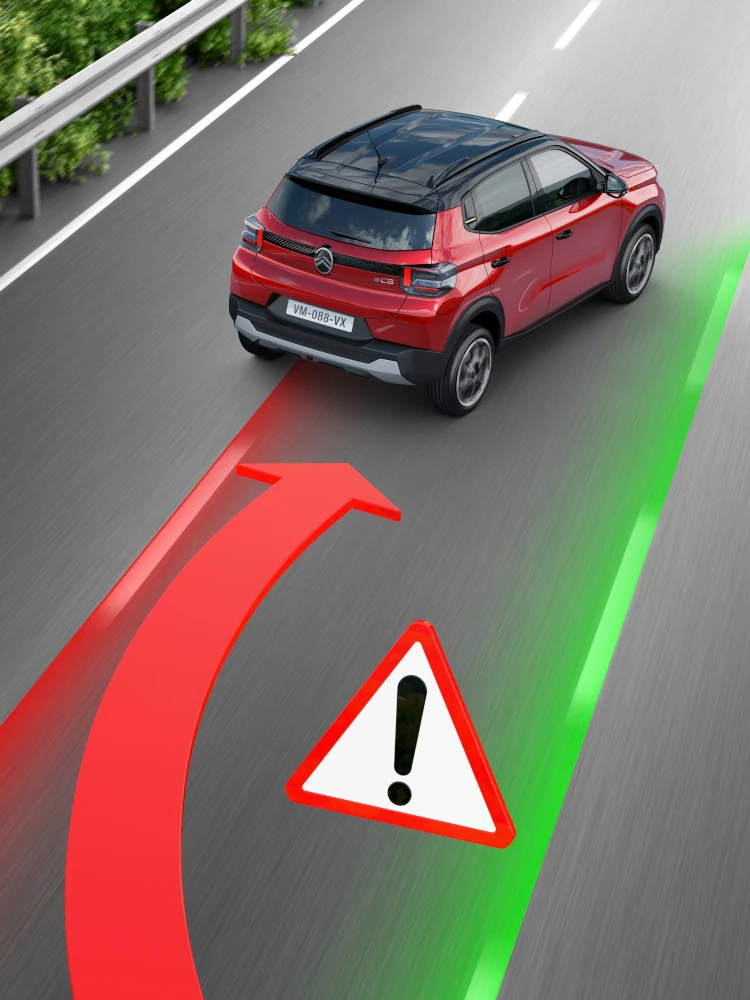 Vue arrière de conduite Citroën C3, mettant en évidence l'aide au maintien de voie pour mobilité plus sûre.