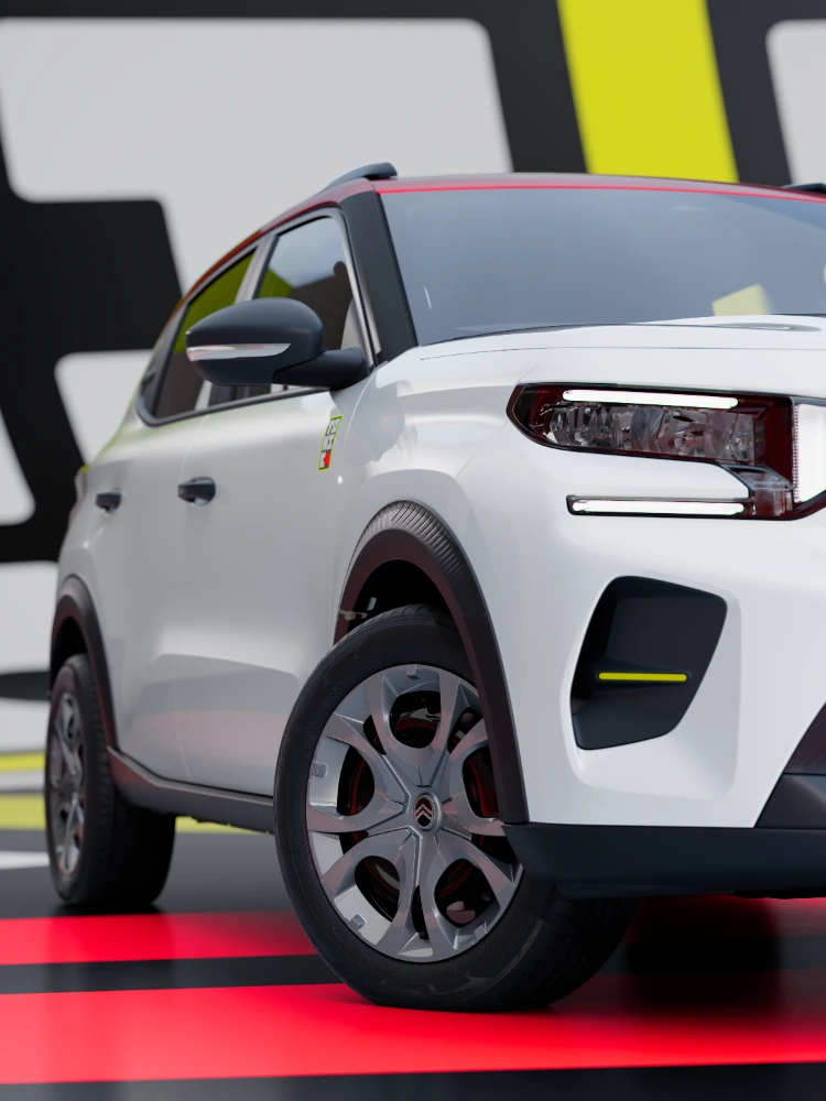 Vue de profil avant de ë-C3 TONIC, édition limitée, voiture électrique urbaine : design des jantes et revêtement de protection, une alternative EV intelligente
