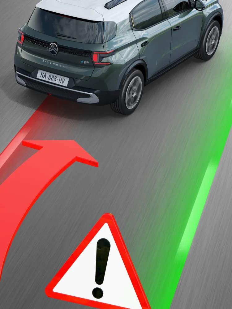 Vue arrière route de Citroën C3 Aircross l'alerte de franchissement de ligne pour mobilité plus sûre, maîtrisée, abordable.