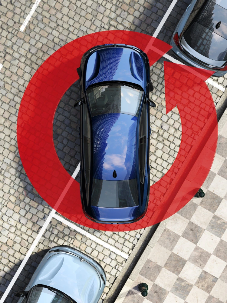 Vue aérienne de la Citroën C4 X équipée d'une caméra à 360° offrant une vue complète de l'environnement pour faciliter l